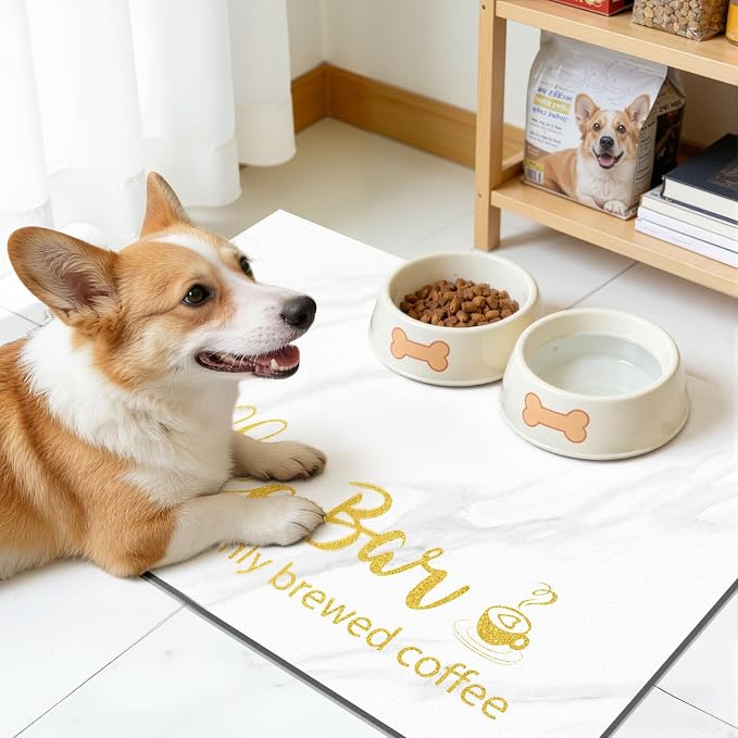 Findosom Dish Drying Mat, 16"x 24" Super Absorbent & Hide Stain Coffee Mat, Cuttable Drying Mat for Kitchen Counter, Coffee Bar Accessories, Under Dish Rack, Coffee Maker, Espresso Machine, White