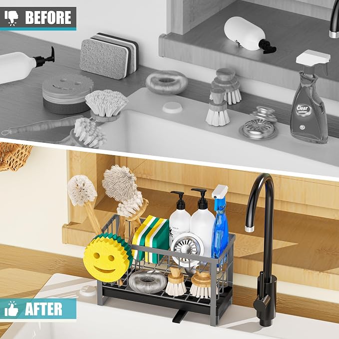 Sponge Holder for Kitchen Sink with Flexible Smiley Face, 2 Tier Kitchen Sink Organizer, Countertop and Storage Essentials, Soap Dispenser Organizer, Home Decor Accessories - Gray
