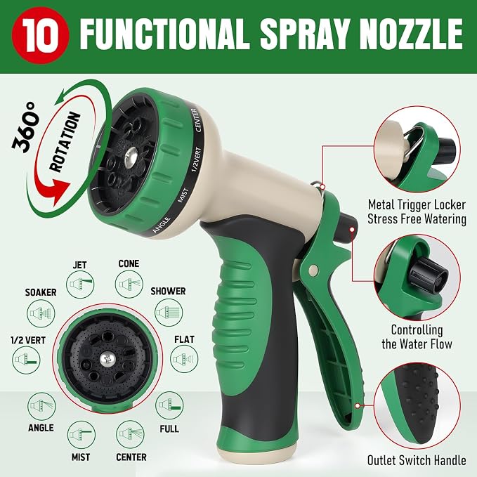 Garden Hose 50 ft x 5/8" with Nozzle, Water Hose Heavy Duty Flexible, Lightweight Kink-less Hybrid Hose with Swivel Handle, Male to Female Fittings