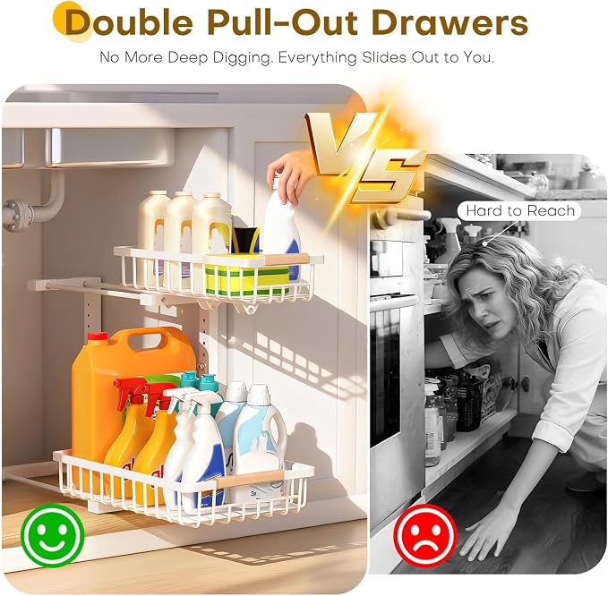 Under Sink Organizer, 2 Tier Pull Out Under-Sink Shelves, Adjustable Height (13.8" -16.9"), Sturdy Metal Storage Organizer for Bathroom Kitchen Pantry Cabinet (2 Packs, White)