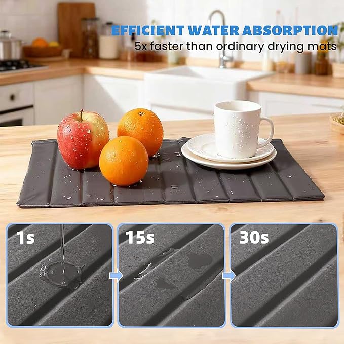 Large Stone Dish Drying Mat for Kitchen Counter, Quick-Dry Diatomaceous Earth Mat with PU Cover & Waterproof Bottom, Foldable Absorbent Drying Stone for Dishes, Cups and Bottles(25.2'' × 16.1'')