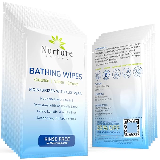 Nurture Rinse Free Bathing Disposable Adult Wipes w/Aloe - Waterless Care | 40 Pack Individually - Waterless Cleansing Disposable Adult Body Bath Wet Wipe for Sensitive Dry Skin, Disabled & Bedridden