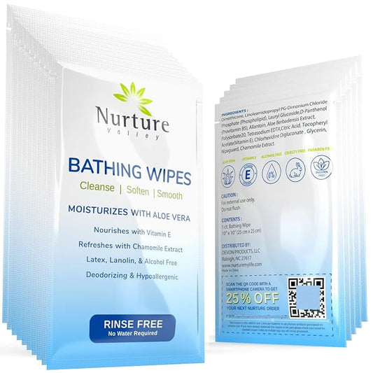Nurture Rinse Free Bathing Disposable Adult Wipes w/Aloe - Waterless Care | 40 Pack Individually - Waterless Cleansing Disposable Adult Body Bath Wet Wipe for Sensitive Dry Skin, Disabled & Bedridden
