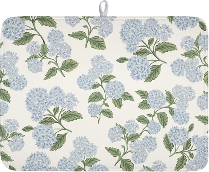 Blue Hydrangea Floral Dish Drying Mat for Kitchen Counter Spring Summer Vintage Flower Microfiber Dish Drainer Mat Rustic Farmhouse Absorbent Washable Drying Pad Extra Large 18"x24"