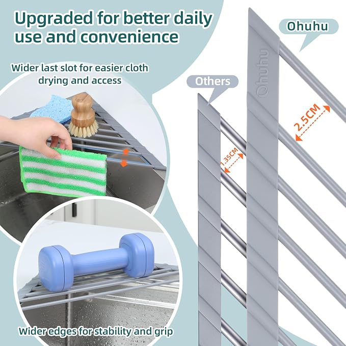Ohuhu Triangle Roll Up Dish Drying Rack, Silicone Wrapped Steel Anti-Slip Sink Corner Rack Caddy Multipurpose Strainer for Kitchen Sink Trivet Space-Saving