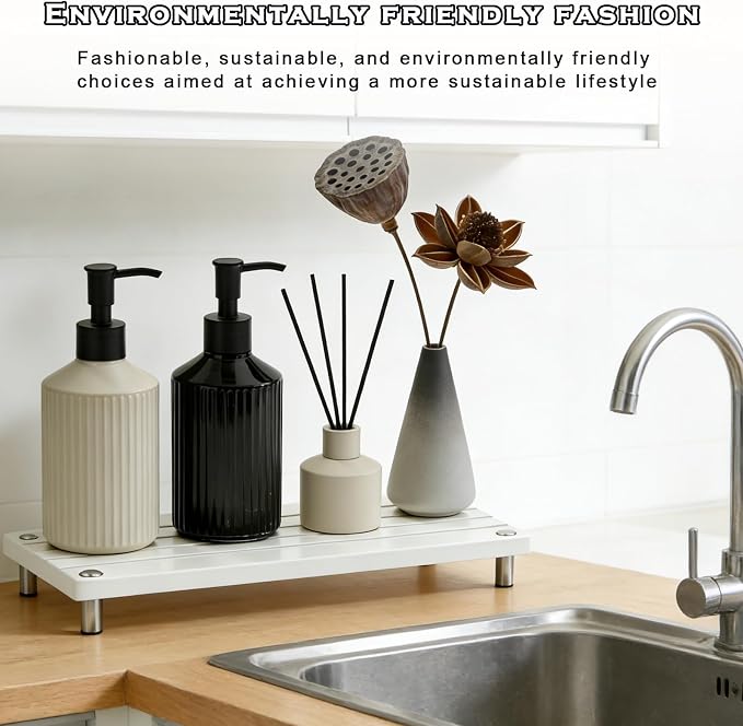 Durable Kitchen Sink Organizer, Instant Dry Sink Caddy for Bathroom Counter, Diatomite Stone Drying Tray, Upgrade Water Absorbing Stone Tray for Sink, Anti-Slip Stone Soap Tray -White
