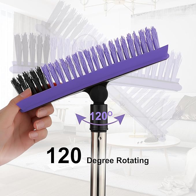 Grout Cleaner Brush with Long Handle, V-Shaped Floor Scrub Brush Swivel Grout Brush Stiff Bristle Floor Grout Scrubber for Bathroom, Tile Line, Crevice, Kitchen, Wall, Deck, Garage (Purple)