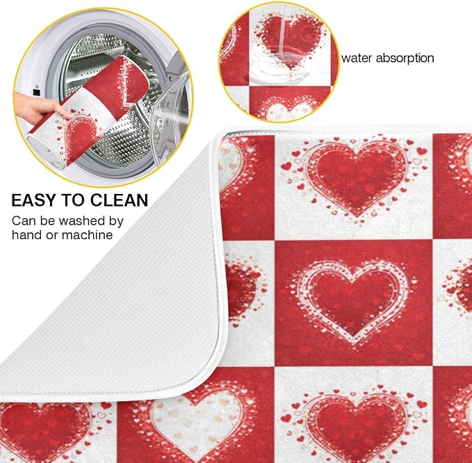 Valentine's Day Love Heart Red Buffalo Plaid Dish Drying Mat 16x18 for Kitchen Mother's Day Rose Pink Flowers Dishes Pad Dish Drainer Rack Mats Absorbent Fast Dry Kitchen Accessories