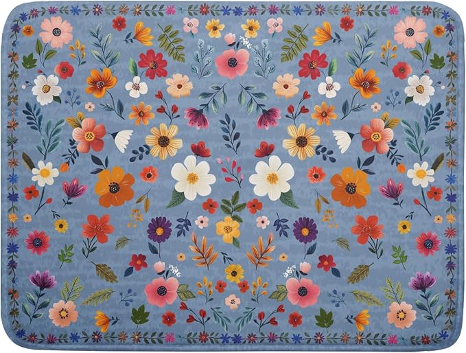 Colorful Flower Dish Drying Mat - Blue Large Floral Coffee Mat for Kitchen Counter Decor 18 X 24