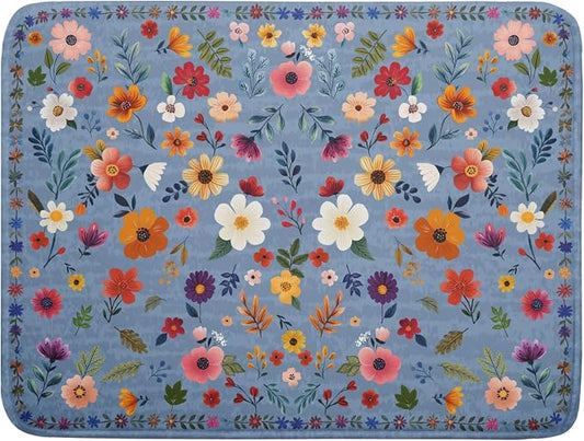 Colorful Flower Dish Drying Mat - Blue Large Floral Coffee Mat for Kitchen Counter Decor 18 X 24