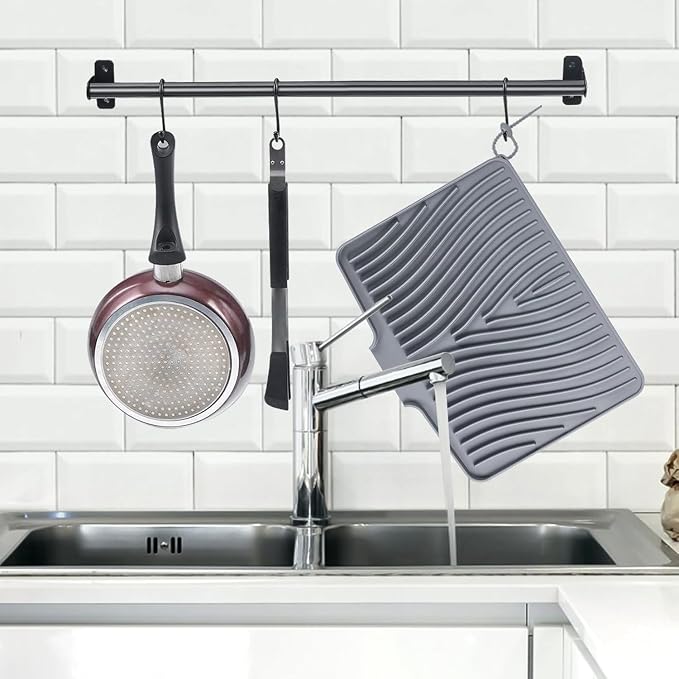 TIKNIK Silicone Dish Drying Mat for Kitchen Counter - Heat Resistant & Non-Slip Dish Drain Pad with Built-In Drain, Dishwasher Safe, Quick-Dry, Hangable & Roll-Up for Storage, Grey-1pcs, 16" x 12"