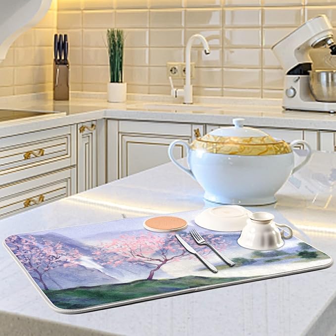 Absorbent Dish Drying Mat for Kitchen Counter - Chinese Painting Colors Microfiber Drying Pad, Reversible Drainer Mats for Countertop, Small 16 x 18 inch