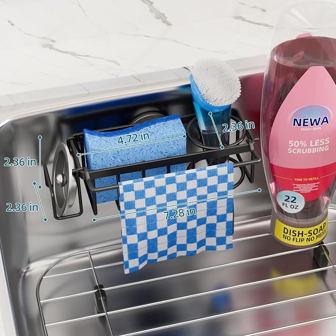 TAILI 4-in-1 Sink Caddy with Strong Suction Cup, Sponge Holder for Kitchen Sink Organizer, Removable, Rustproof, Stainless Steel Holder for Sponge, Brush, Scrubber, Scraper - Black