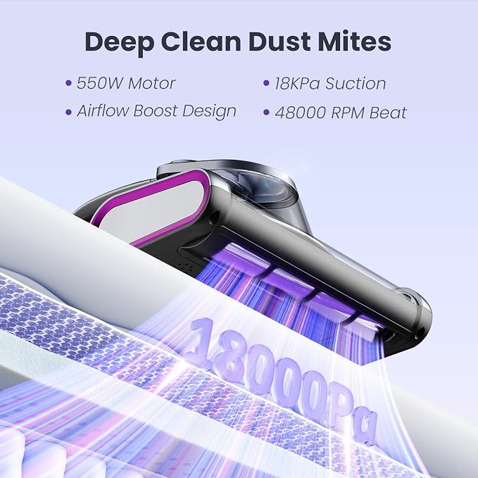 ezly Mattress Vacuum Cleaner with 18KPa Strong Suction, Mattress Cleaner | HEPA Filter, 253.7nm UV-C Light, Ultrasonic, 48,000 RPM Tapping Bed Vacuum for Sofa & Couch,140°F Heat Drying, 5M Corded