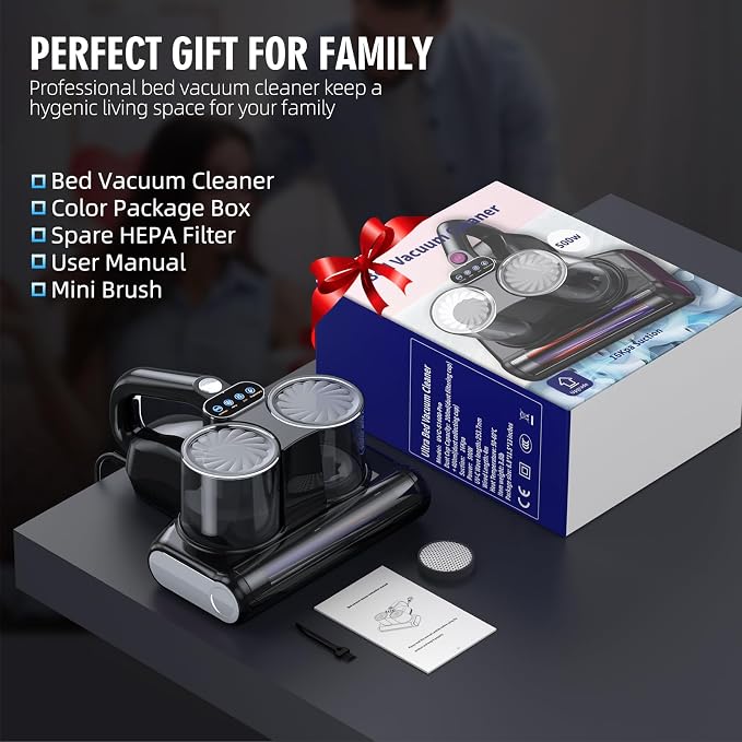 Mattress Vacuum Bed Vacuum Cleaner 16Kpa Suction 253.7nm UV-C Light, 140°F Heated Air, 30000 RPM Brushroll, Ultrasonic, HEPA Filter, Handheld Vacuums for Carpet/Sofa, 500W Corded, (Pitch-Black)