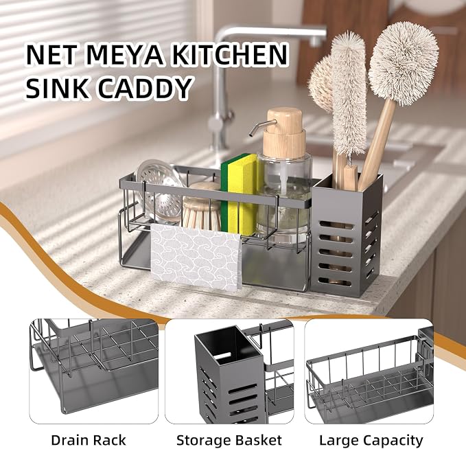 Kitchen Caddy Sink Organizer,Sponge Holder for Kitchen Sink,Dish Soap Dispenser,Kitchen Sink Accessories Countertop Organizer,Stainless Steel Sink Sponge Caddy Over the Sink Shelf