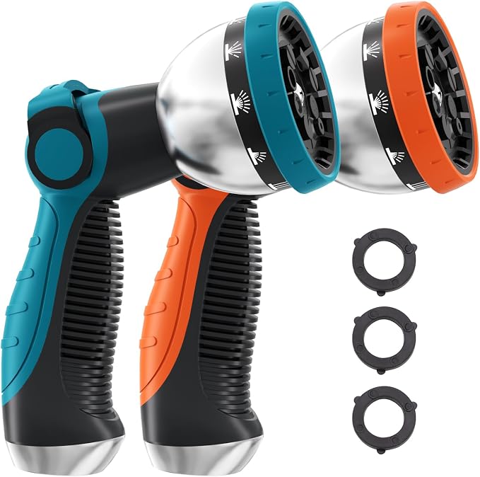 Besiter Garden Hose Nozzle Sprayer: 2 Pack 10 Watering Patterns Spray Nozzles Heavy Duty Metal Hose Head Hose Attachment, Thumb Control On Off Valve Blue Orange