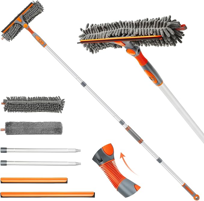 Eazer 89'' Squeegee Window Cleaner 2 in 1 Rotatable Window Cleaning Tool Kit with Extension Pole, Window Washing Equipment with Bendable Head for Indoor/Outdoor Window and Car Glass