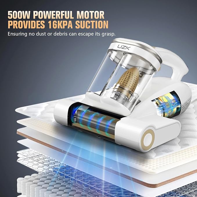 Bed Vacuum Cleaner Mattress Vacuum Cleaner,16Kpa Powerful Handheld Vacuums with UV-C Light & Double Dust Cup & High Heating & Ultrasonic & HEPA Filter for Bed Sofa(Corded,Frost White)
