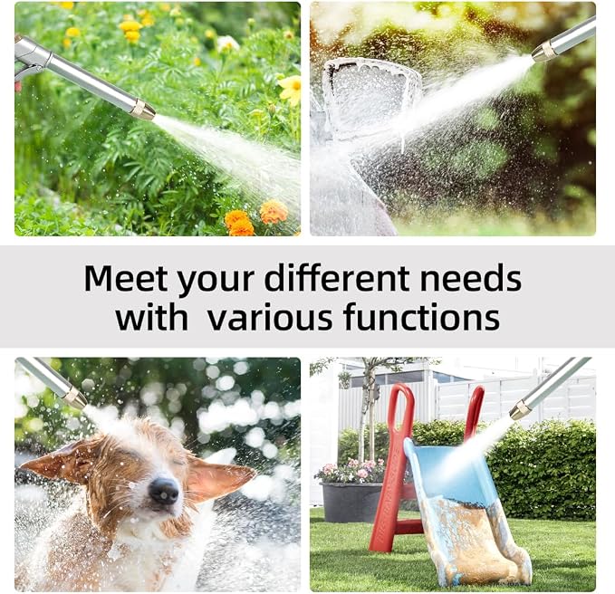 Garden Hose Nozzle with Brass Nozzle, 100% Heavy Duty Metal Water Nozzle | Fits 3/4” Garden Hose Thread with 4 Patterns, 360° Rotating Adjustable Nozzle for Plants, Lawns, Cars, Silver