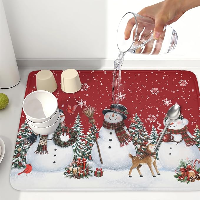 Christmas Snowman Dish Drying Mat for Kitchen Counter 18x24 Inch | Red Xmas Theme Trees Snowflake Pattern Dish Drainer Mat Rustic Winter Holiday Absorbent Washable Drying Pad