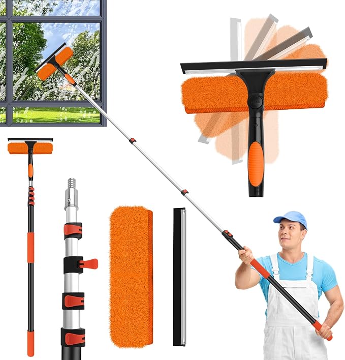 26FT High Window Cleaning Kit with Pole,2 in1 Professional Window Squeegee | 5-20FT Window Clean Pole Kit(2 Squeegee & 2 Microfibre Cloths),180°Rotatable Squeegee for Indoor/Outdoor High Windows