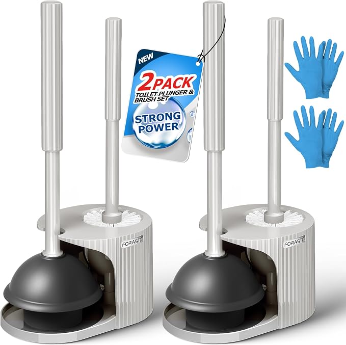 FORASTO 2Pack 3in1 Toilet Brush and Plunger Set - Bathroom Bowl Holder Kit | 21", Cleaning Gloves, Heavy Duty Rubber Toilet Bowl Cleaner, Apartment Must Haves Bathroom Decor Accessories, Cream Grey