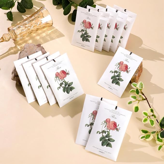 MYARO 12 Pack Rose Scented Sachets, Closet Deodorizer Car Air Freshener | Long-Lasting Sachet Bag, Odor Eliminator for Closet, Drawer, Bathroom, Clothes, Fabric Refresher, Home Fragrance Gift Set