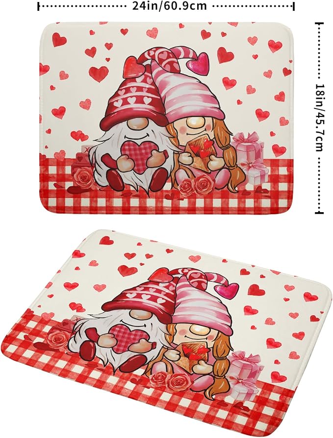 Love Gnome Dish Drying Mat 18"x24" Red Heart Microfiber Dish Drainer Rack Mat Holiday Absorbent Dishes Pad for Kitchen Counter Sink Decor