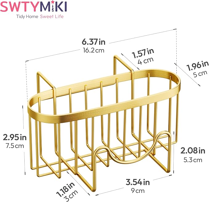 SWTYMIKI Sponge Holder for Kitchen Sink - Movable Kitchen Sink Caddy with M Shape Hook, Stainless Steel Hanging Sponge Caddy for Dish Sponge, Brush, Stopper Organizer in Double Sink, Gold