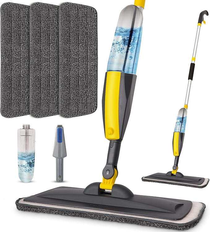 Wet Spray Mop for Floor Cleaning with 14 oz Bottle & 3 Microfiber Pads | Refillable bottle, washable pads, dry/wet use for home or commercial cleaning on hardwood, laminate, wood & ceramic floors