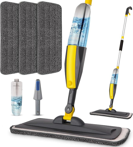 Wet Spray Mop for Floor Cleaning with 14 oz Bottle & 3 Microfiber Pads | Refillable bottle, washable pads, dry/wet use for home or commercial cleaning on hardwood, laminate, wood & ceramic floors