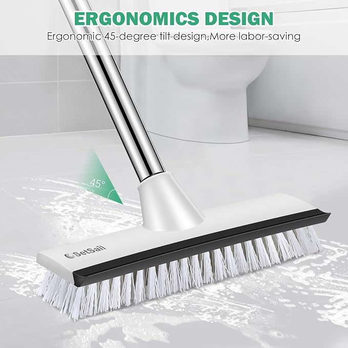 SetSail Floor Scrub Brush, 51-Inch Adjustable Long Handle Brush,Black White | 2 in 1 Scrape Brush Stiff Bristle Floor Scrubber for Cleaning Shower Bathroom Garage Kitchen Wall Deck Tub Tile
