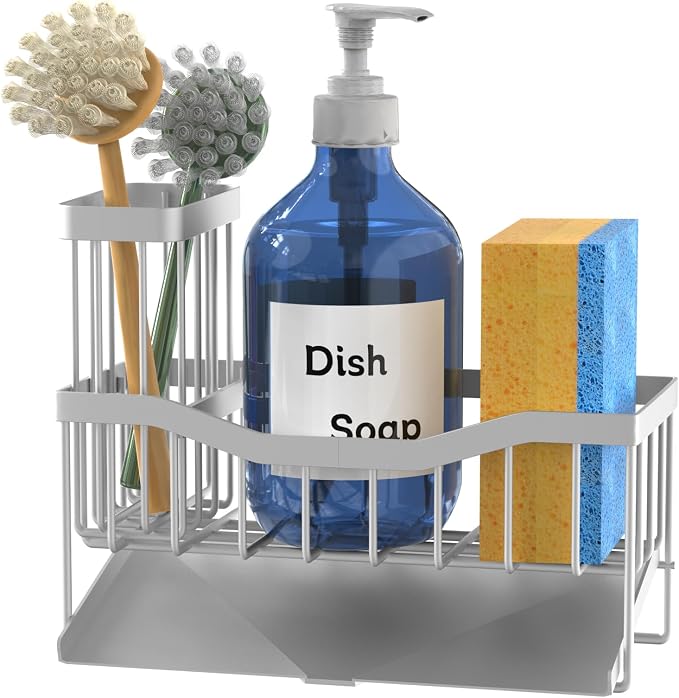 Maifan Sink Caddy Sponge Holder for Kitchen with Brush Holder and Stainless Steel Self Drain Tray, Rustproof Kitchen Sink Organizer for Sponge, Soap Dispenser Storage Accessories (Lacquer Silver)