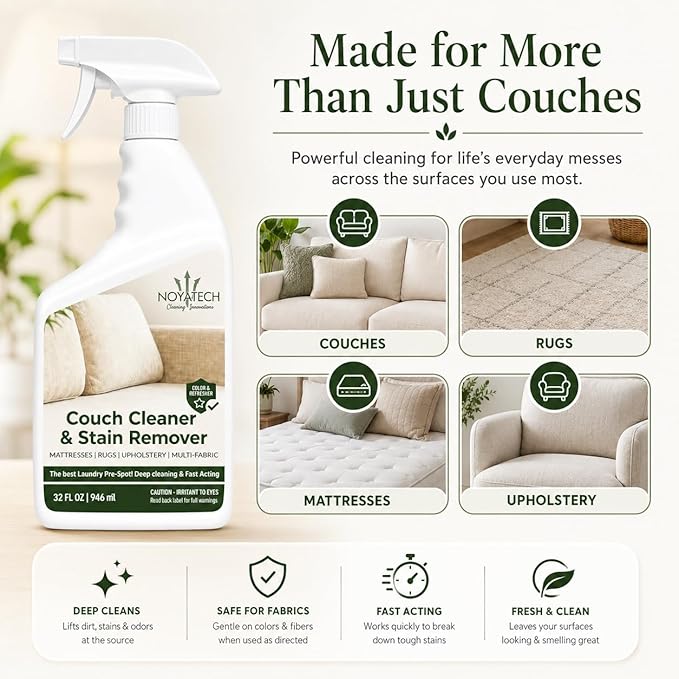 NOYATECH Couch Cleaner and Stain Remover Spray – Professional Strength, Multi-Surface Fabric and Upholstery Cleaner – Pet-Safe, Non-Toxic, Quick-Drying for Couches, Sofas & Car Interiors (COMBO)
