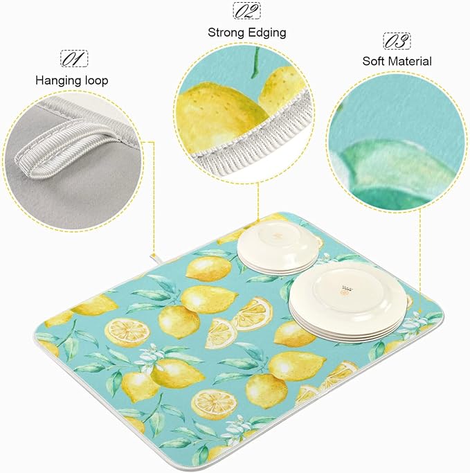 Absorbent Dish Drying Mat for Kitchen Counter - Yellow lemon teal background Microfiber Drying Pad, Reversible Drainer Mats for Countertop, Medium 16 x 18 inch