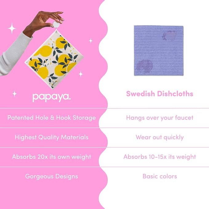 Papaya Swedish Dishcloths for Kitchen, 2 Reusable Paper Towels, 1 Hook