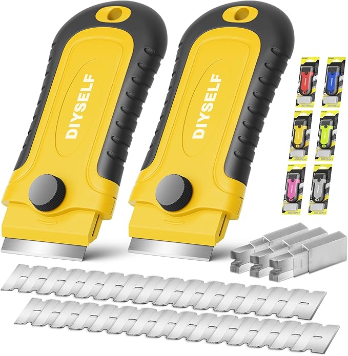 DIYSELF 2 Pack Razor Blade Scrapers with 30 Blades, Stove Scraper Tools | Paint Scrapers for Cooktops, Oven Glass, Windows, Tile and Metal, Razor Blade Scraper Tools with Built-In Blade Storage