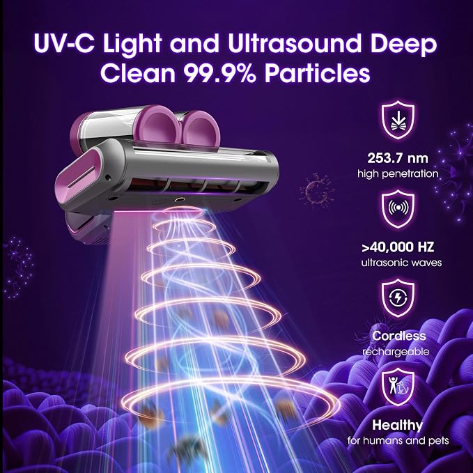 Bed Mattress Vacuum Cleaner Cordless 16Kpa Handheld Vacuum, Vacuum Cleaner with 253.7nm UV-C Light,HEPA Filter & Ultrasonic, Portable Vacuums for Sofa Bed Couch Crib Gifts for Women her Man