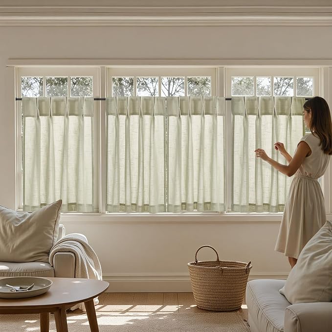 jinchan Linen Pinch Pleated Back Tab Tier Curtains, 26x36, 2 Panels, Beige | Light filtering,small window treatment,cafe curtains,machine washable,farmhouse,kitchen,bathrooms,laundry