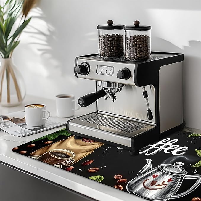 Dish Drying Mat Large Coffee Mat Absorbent Drying Mat for Kitchen Counter Coffee Bar Accessories 32"x 17", Coffee Leaves