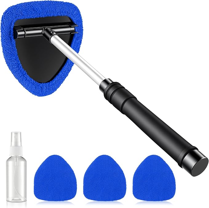 JUSTTOP Windshield Cleaner Tool, Car Interior and Exterior Window Cleaning Kit with Extendable Handle & 4 Reusable Microfiber Pads, Auto Glass Wiper Brush Kit for Car & Home Windows (Blue)