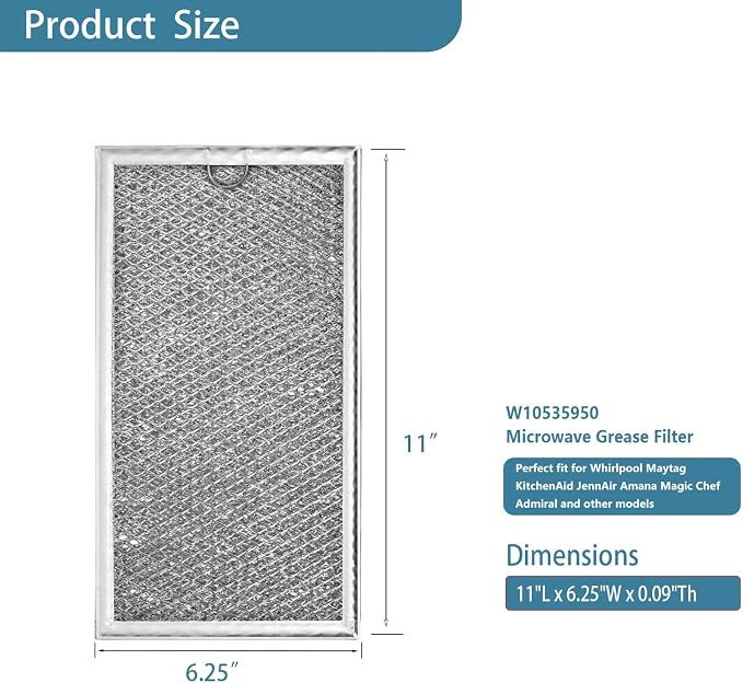W10535950 Microwave Grease Filter Fit for Whirlpool 6-1/4" X 11" | PS8769987 Aluminum Mesh Filter Replacement For Whirlpool KitchenAid Microwave Oven, Replaces W10834067 3281035 2 Pack