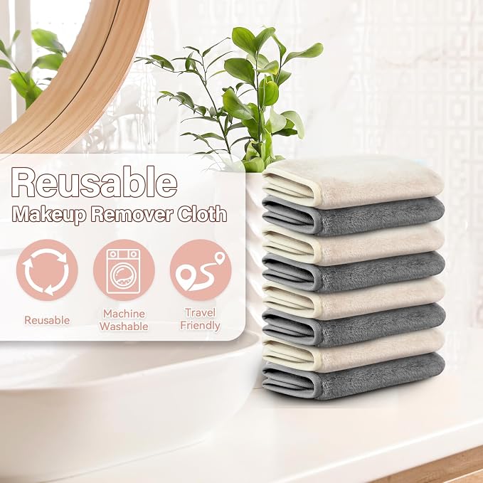 Nugilla Makeup Remover Cloths, 8 Packs Makeup Remover Towels Reusable Face Wash Cloth, Soft Makeup Removal Microfiber Face Cloth for Women(Beige/Cool Grey)