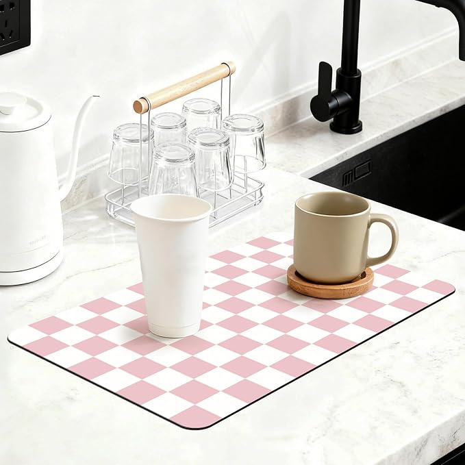 16" x 24" Checkered Dish Drying Mat for Kitchen Counter, Absorbent Coffee Bar Mat for Espresso Machine Coffee Countertops Accessories, Pink