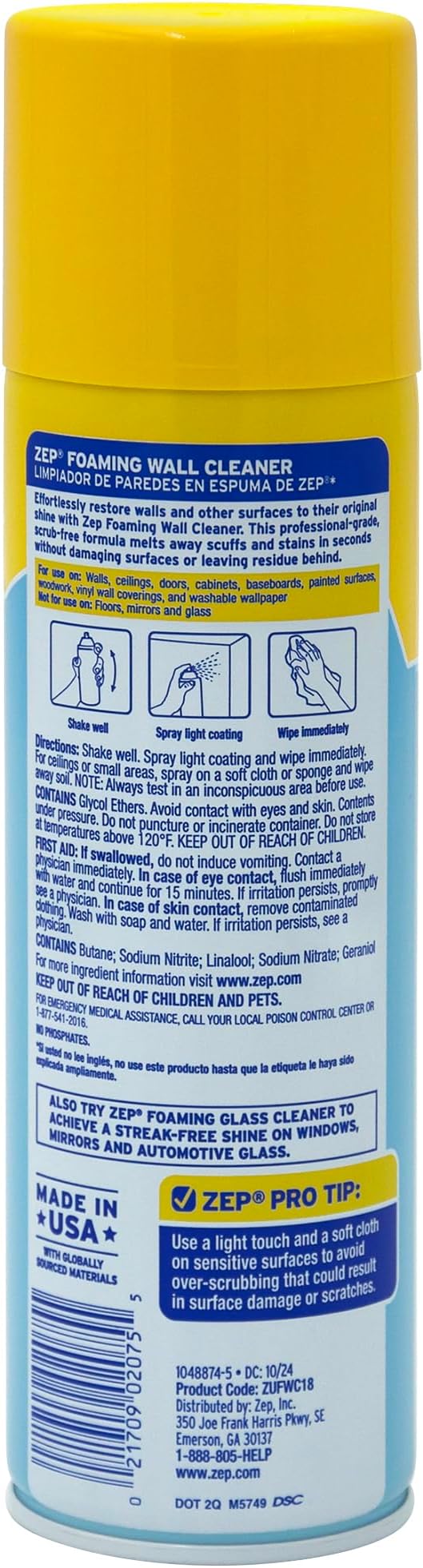 Zep ZUFWC18 Foaming Wall Cleaner, 18 oz, Clear | Removes Stains Without Damaging Finishes