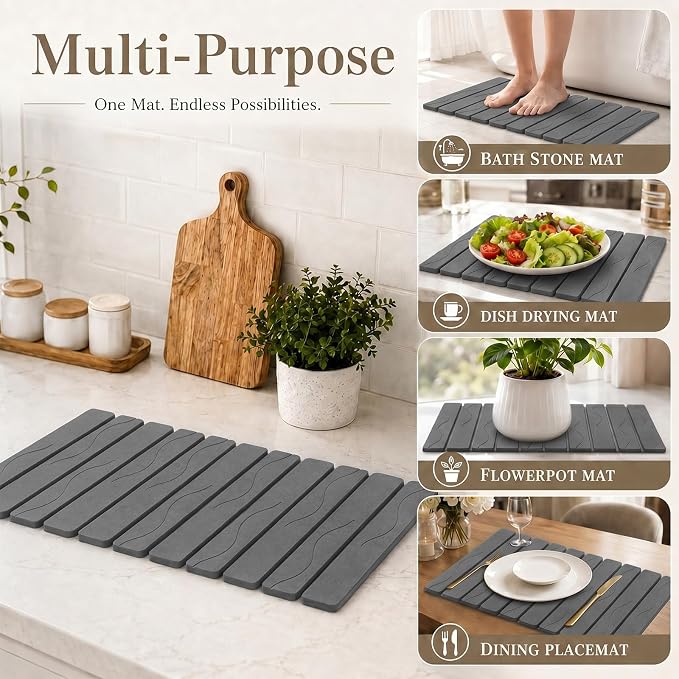 Large Stone Dish Drying Mat for Kitchen Counter, 2PCS Quick Dry Stone Dishes Mat, Foldable Water Absorbing Diatomaceous Drying Organizer Pad for Plates Rack Bottles Utensils(Wave, 24"×16" & 8"x4")