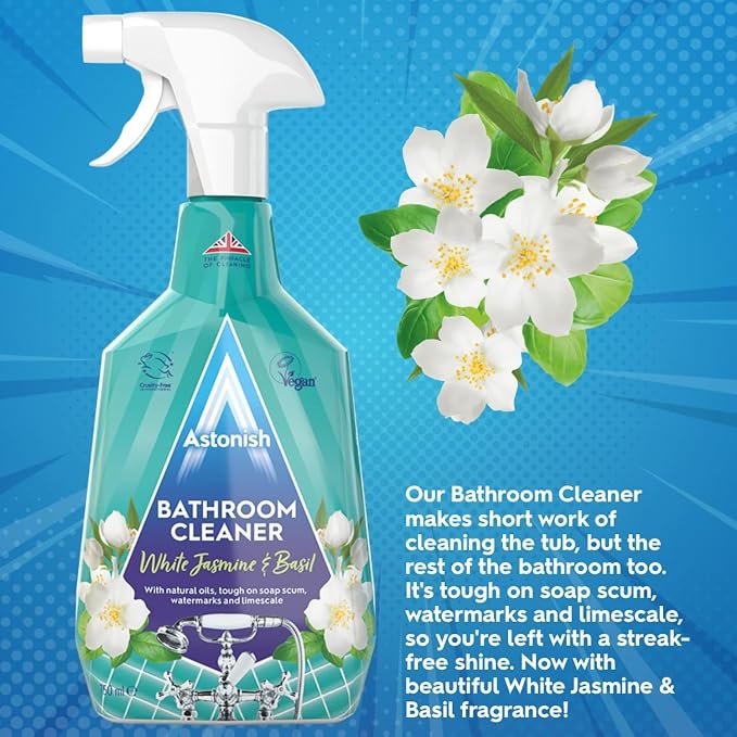 Astonish 750ml Streak-Free White Jasmine & Basil Foaming Bathroom Cleaner Spray Bottles, 2 Pack – Deep Clean Soap Scum, Watermarks & Limescale – Vegan, Cruelty-Free Household Cleaning Supplies