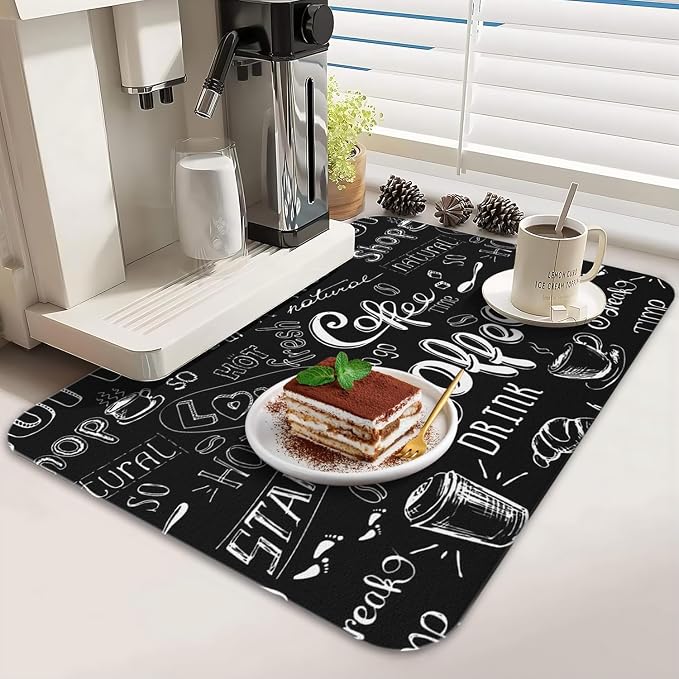 Dish Drying Mat 2-Pack in Coffee Bar Chalk for Kitchen Counter Dishes Mat | Diatom Mud Mats (18x24, 19.5x12"). Non-slip rubber back for kitchen counter, coffee bar & sink scenes