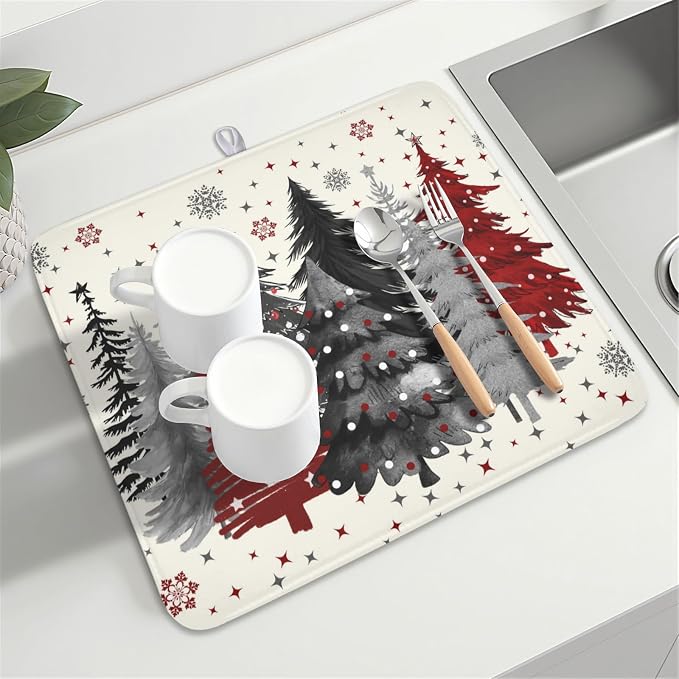 Christmas Gray Red Tree Dish Drying Mat 16x18 Inch Xmas Snowflake | Winter，Polyester，Absorbent Microfiber，for Kitchen Coffee Dining Bar Decor